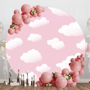 Baby Pink White Clould Round Birthday Party Backdrop - Aperturee