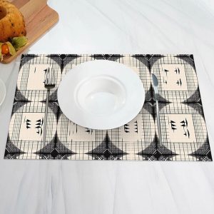 Beige Circle Black Line Abstract Set Of 4 Placemats - Aperturee