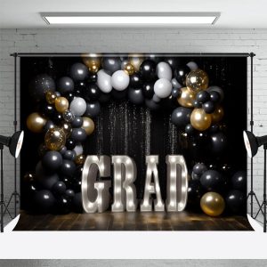 Black Glitter Sequin Theme Congrats Grad Backdrop - Aperturee