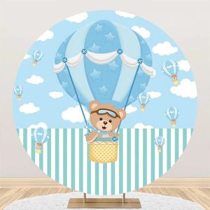 Blue Air Balloon Bear Round Baby Shower Backdrop - Aperturee