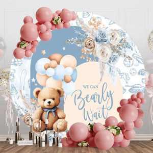 Blue Bearly Wait Floral Round Baby Shower Backdrop - Aperturee