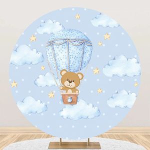 Blue Cloud Bear Stars Dot Round Baby Shower Backdrop - Aperturee