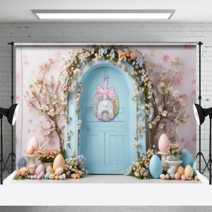 Blue Door Flowers Colorful Eggs Easter Backdrop - Aperturee