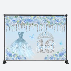 Blue Floral Glitter Sweet 16th Birthday Backdrop - Aperturee