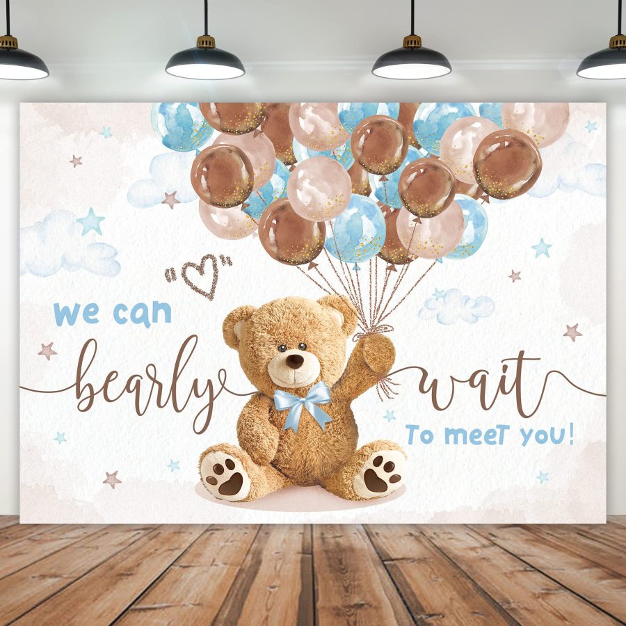 Blue Floral Leaves Teddy Bea Baby Shower Backdrop - Aperturee