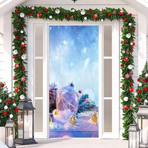 Blue Glitter Ball Snowy Bokeh Christmas Door Cover - Aperturee