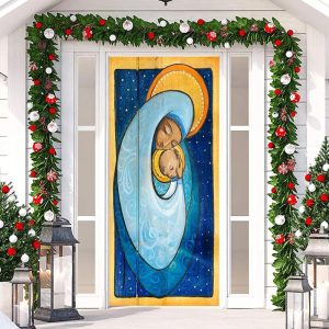 Blue Gold Holy Woman Baby Merry Christmas Door Cover - Aperturee