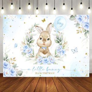 Blue Little Bunny Floral Boy Baby Shower Backdrop - Aperturee