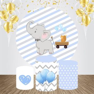 Blue Little Elephant Round Baby Shower Backdrop Kit - Aperturee