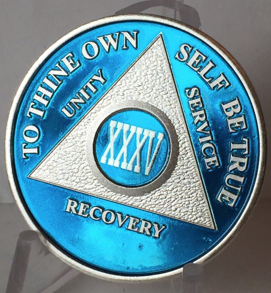 Blue Silver Plated 35 Year AA Chip Alcoholics Anonymous Medallion Coin