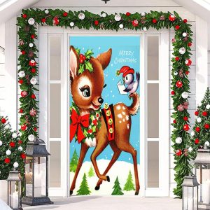 Blue Sky Cute Deer Bird Snowy Christmas Door Cover - Aperturee