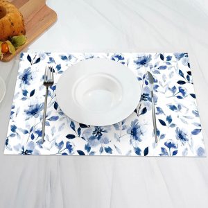 Blue Water Color Floral Leaves Set Of 4 Placemats - Aperturee