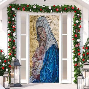 Blue Yellow Holy Woman Baby Christmas Door Cover - Aperturee