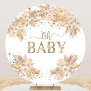 Boho Dried Flower Feather Round Baby Shower Backdrop - Aperturee