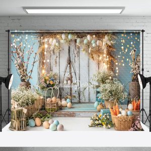 Bokeh Blue Retro WHite Wood Floral Easter Backdrop - Aperturee