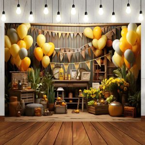 Brown Wooden Balloons Farm Happy Birthday Backdrop - Aperturee