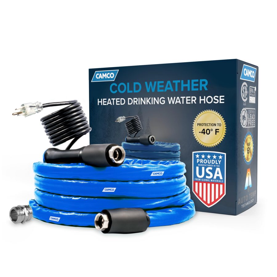 CAMCO 22920 12-Foot Heated Drinking Water Hose | Features Water Line Freeze Protection Down to -40 degree F/C & Energy-Saving Thermostat | Includes Adapter for Connection to Either End of Hose