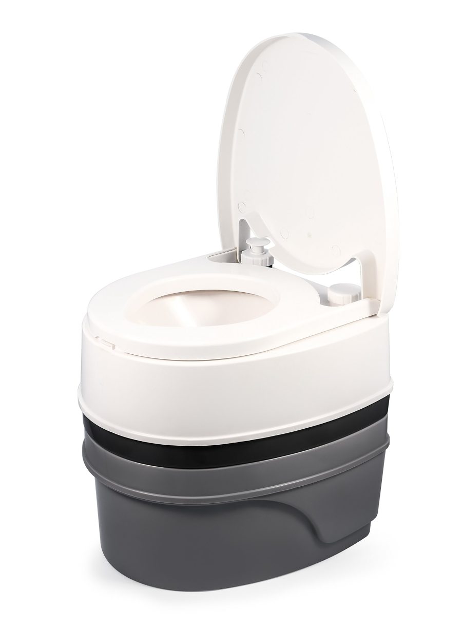 CAMCO 41545 Premium Portable Travel Toilet With Three Directional Flush and Swivel Dumping Elbow | Designed for Camping, RV, Boating And Other Recreational Activities - (5.3 gallon) ,White