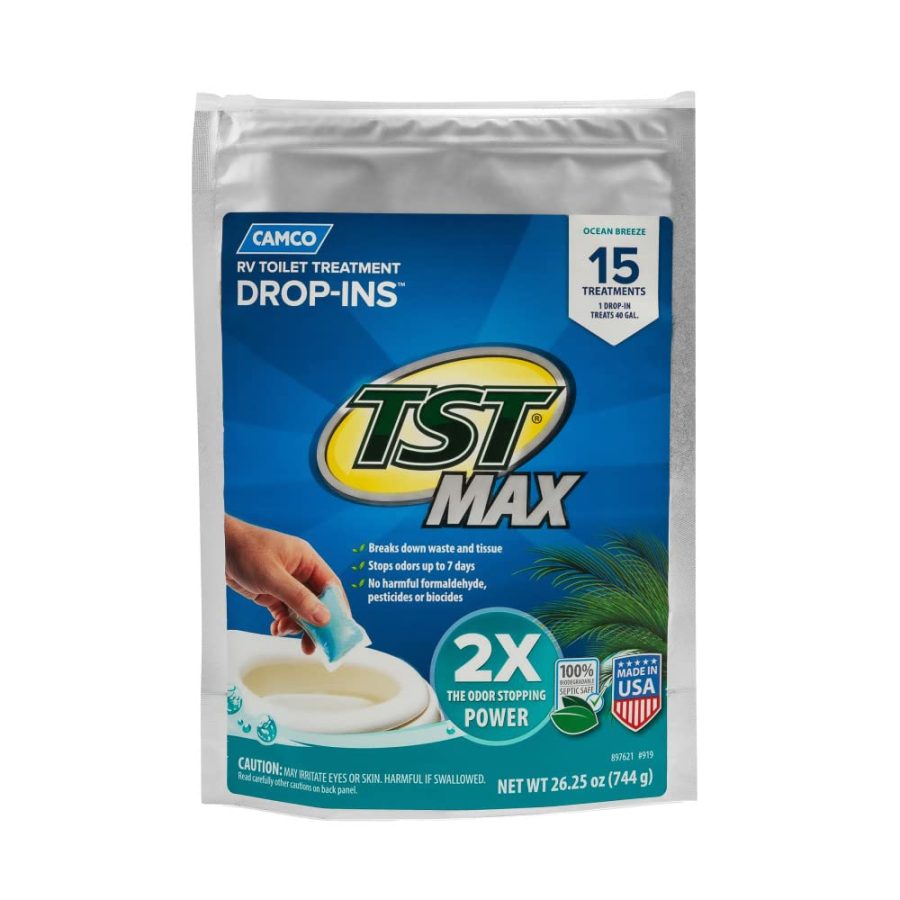 CAMCO 41614 TST MAX RV Toilet Treatment Drop-INs | Control Unwanted Odors and Break Down Waste and Tissue | Septic Tank Safe | Ocean Breeze Scent | 15-pack