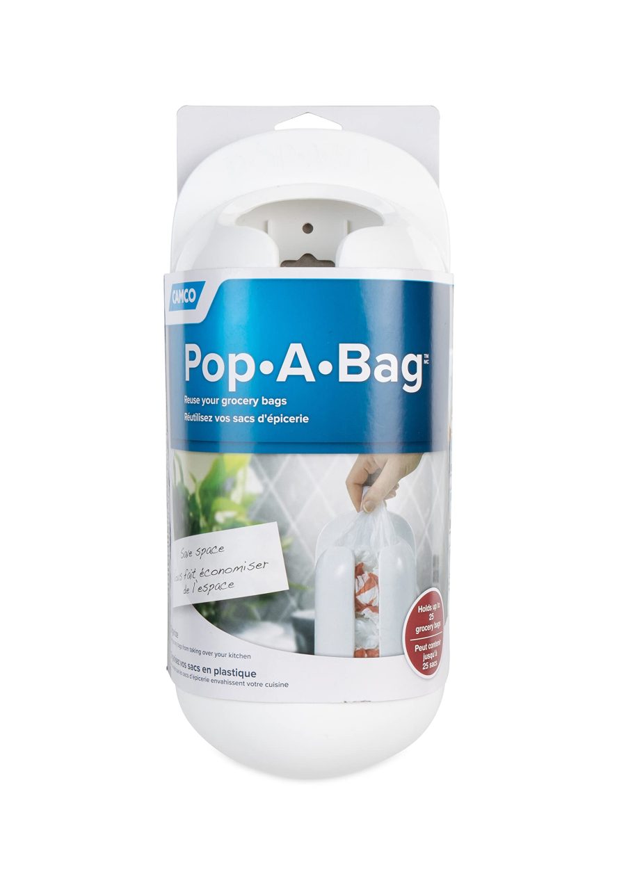 CAMCO 57061 Pop-A-Bag | Features a Compact Design that Conveniently Stores and Dispenses Reusable Plastic Grocery Bags inside RVs, Campers, Boats, Home, and Office | Polymer, White