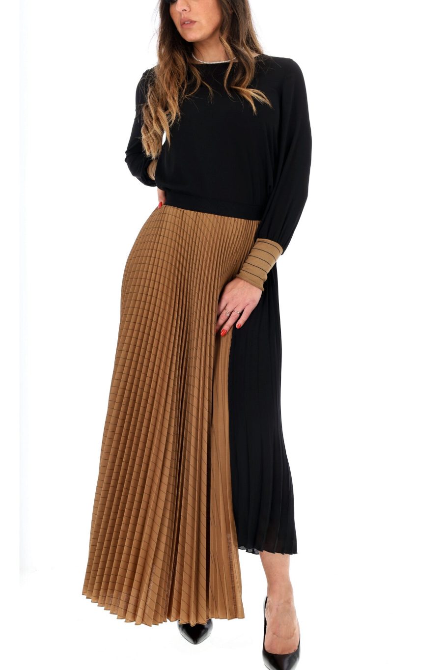 CANVAS PLEATED SKIRT S CAMEL/BLACK