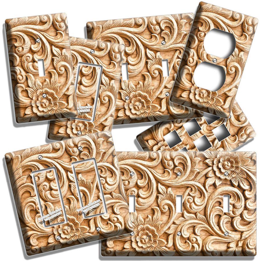 CREATIVE FLOWERS OAK WOOD CARVING LOOK LIGHT SWITCH WALL PLATE OUTLET ROOM DECOR