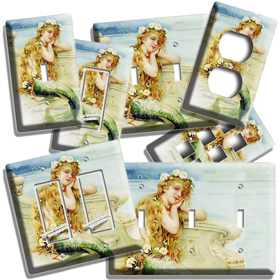 CUTE MERMAID TAKING SEA SALT BATH LIGHT SWITCH OUTLET PLATES BATHROOM ROOM DECOR