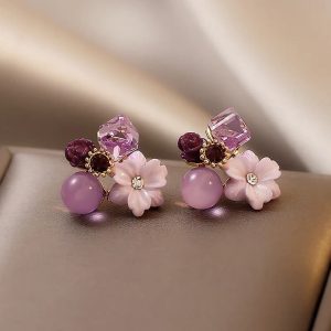 Cherry Blossom Stud Earrings With Synthetic Gemstones