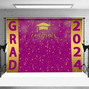 Congrats Grad Gold Purple Ribbon Graduation Backdrop - Aperturee