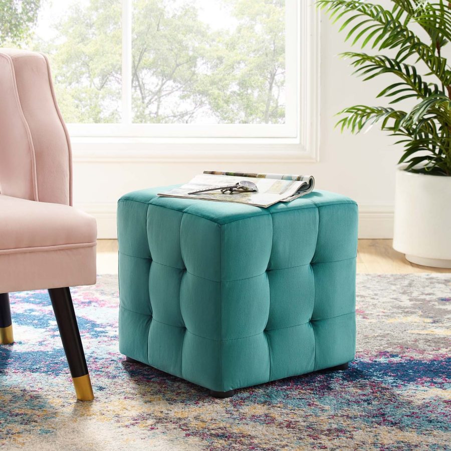 Contour Tufted Cube Performance Velvet Ottoman Teal EEI-3577-TEA