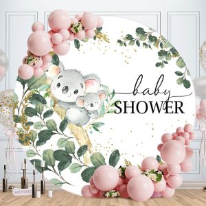 Cute Koala Green Leaves Round Baby Shower Backdrop - Aperturee