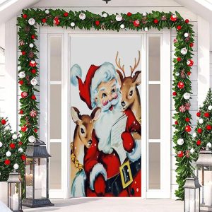 Cute Santa Claus Elk White Christmas Door Cover - Aperturee