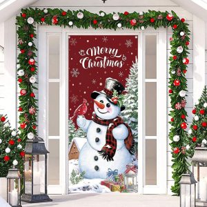 Cute Snowman Snowy Xmas Tree Christmas Door Cover - Aperturee