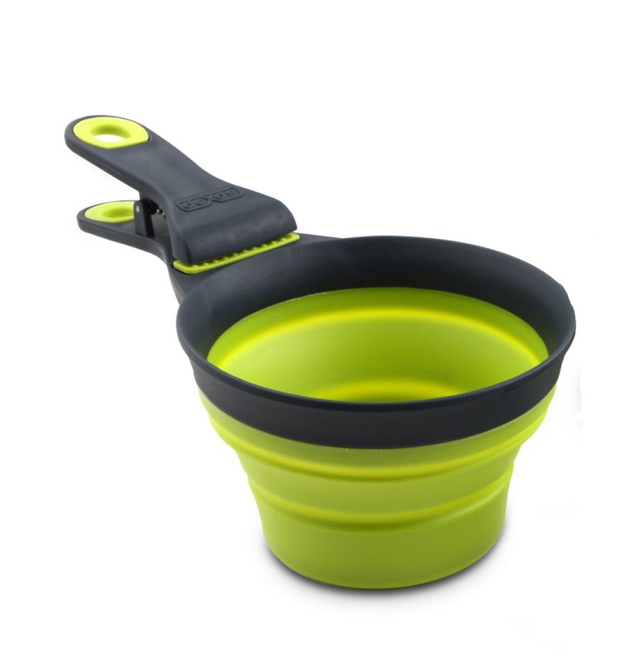 DEXAS PW660432383 Popware for Pets Collapsible Klip Scoop, 3 in 1 Design Convenient Measuring Cup, Food Scooper and Bag Clip,1 Cup Capacity Pet Food Scoop, Versatile Food Measuring Cups Portion Control Gray/Green