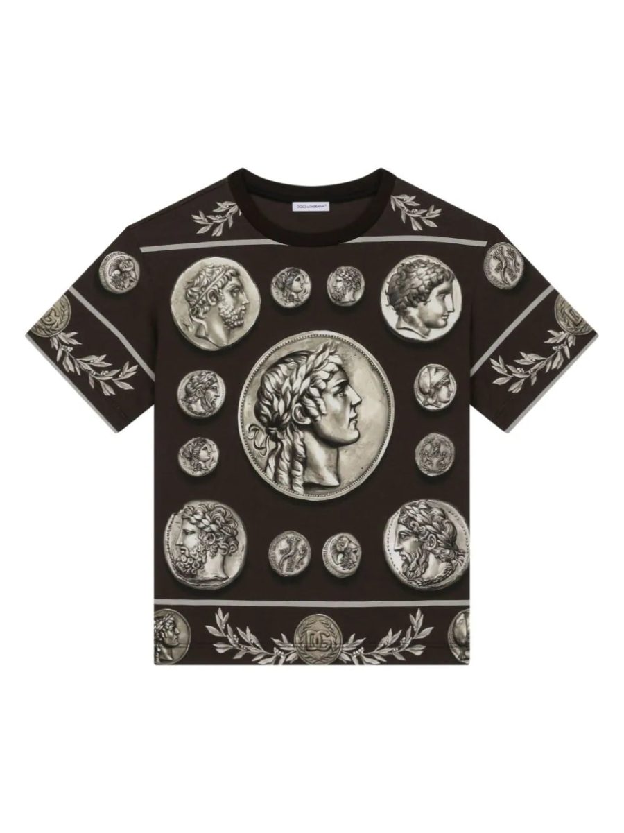 DOLCE & GABBANA KIDS Boys Coin-Print Cotton T-shirt Brown Black Grey