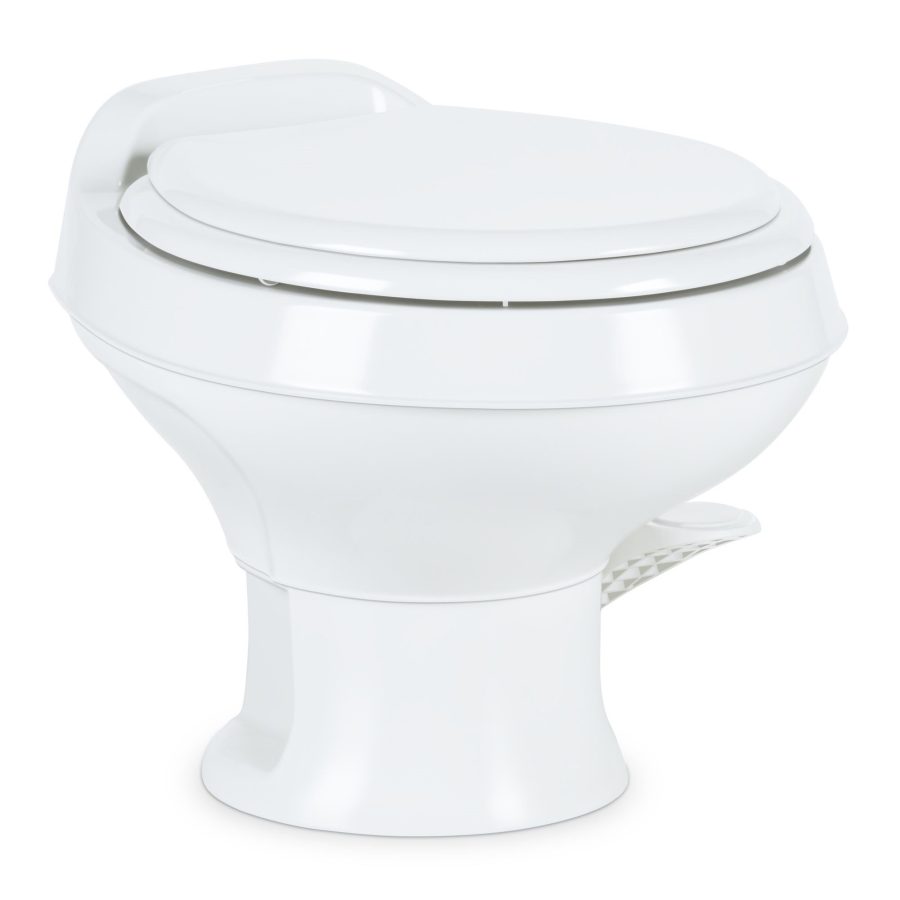 DOMETIC 302301671 301 Toilet Low Profile 13.5 INCH Height- White, 301-SS/RT/WHITE, Full Size Residential Style, Clean and Watertight Triple Jet Rinse with Foot Pedal