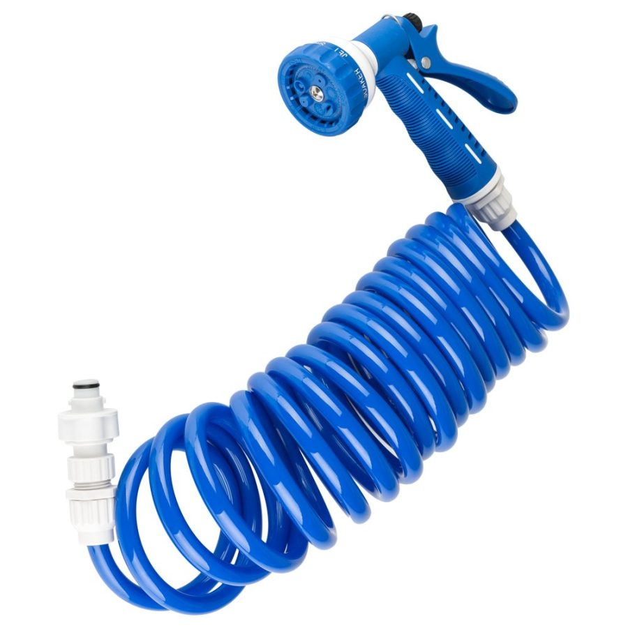 DURA FAUCET DF-SA187-WT RV Exterior Quick Connect Sprayer with 7 Spray Settings and Coiled Hose Kit (Blue)