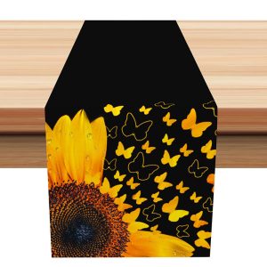 Dew Sunflower Butterfly Black Summer Table Runner - Aperturee