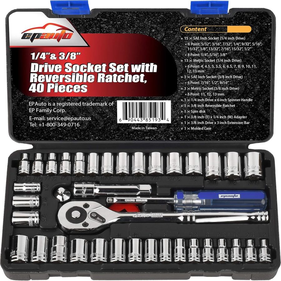 EPAuto 40 Pieces 1/4-Inch & 3/8-Inch Drive Socket Set with 72 Tooth Reversible R