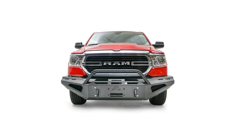 FAB FOURS DR19-RS4262-1 Bumper; Red Steel; One Piece Design; Direct Fit; Mounting Hardware Included; With Pre-Runner Guard; With Internal Winch Mount; With Integrated Shackle Mounts; With Side Mounting Slots For Lights; Black Powder Coated Steel