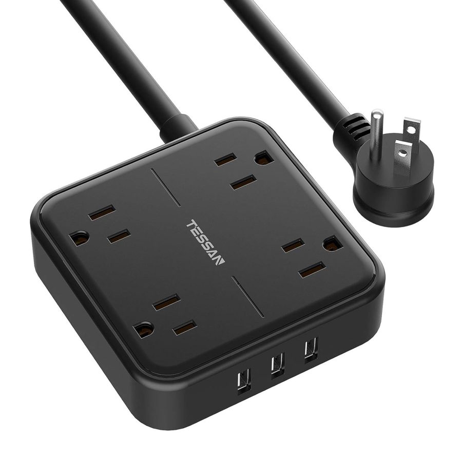 Flat Plug Power Strip With 3 Usb Ports, 4 Ac Outlets Black Extension Cord, 5 Ft