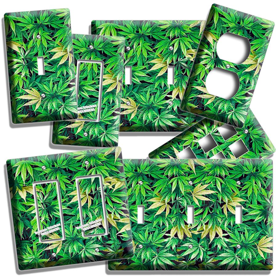 GREEN CANNABIS LEAF MARIJUANA LIGHT SWITCH OUTLETS WALL PLATE MAN CAVE ART DECOR