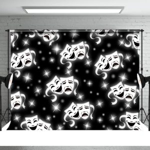 Glitter Clown Mask Theme Black Happy Halloween Backdrop - Aperturee