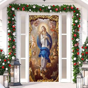 Gold Holy Woman Cute Baby Merry Christmas Door Cover - Aperturee