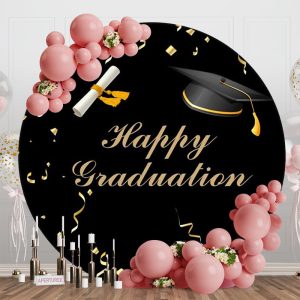 Gold Ribbon Bachelor Cap Black Round Graduation Backdrop - Aperturee