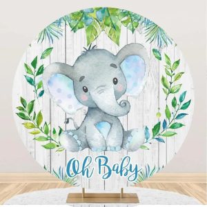 Green Leaf Elephant Wood Round Baby Shower Backdrop - Aperturee