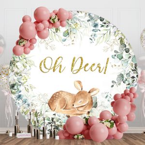 Green Leaves Sleep Deer Round Baby Shower Backdrop - Aperturee