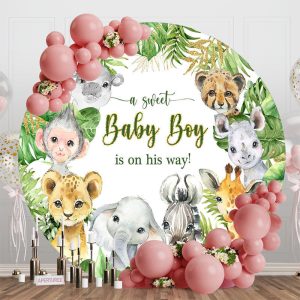 Green Monstera Animals Round Baby Shower Backdrop - Aperturee