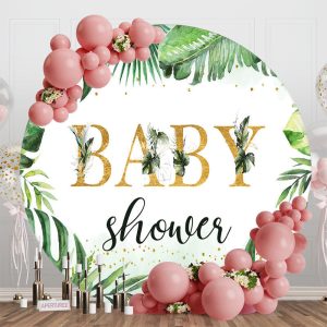 Green Monstera Simple Round Baby Shower Backdrop - Aperturee