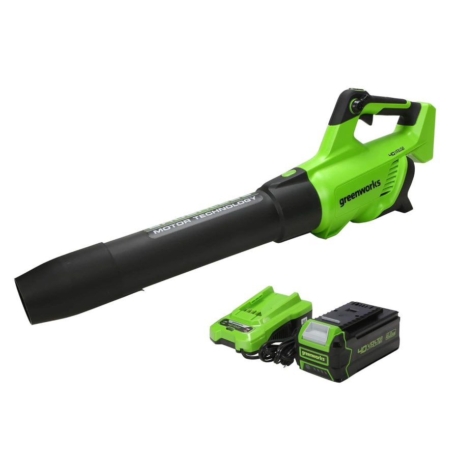 Greenworks 40V (550 CFM / 130 MPH) Brushless Axial Leaf Blower 4Ah USB Battery a